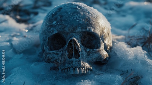 Frosty Skull on Snowy Ground in a Chilling Winter Landscape photo