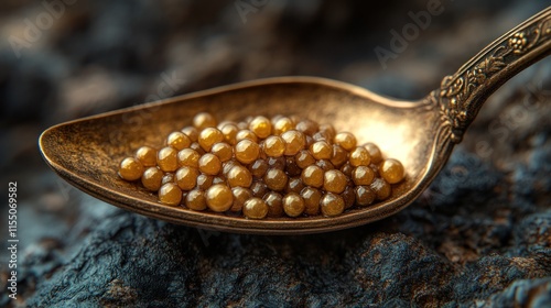 Golden caviar in vintage spoon. photo