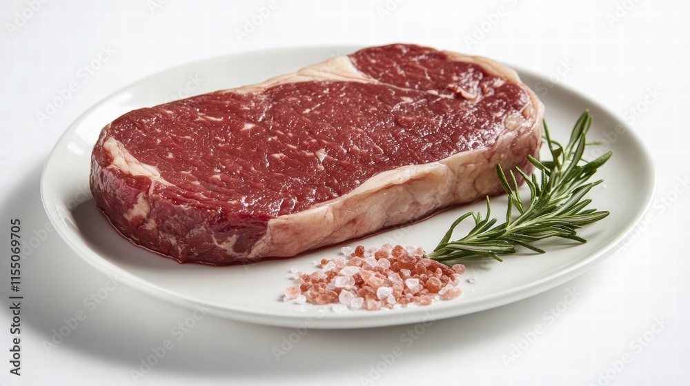 Fresh Raw Ribeye Steak with Salt and Rosemary on White Plate Fresh Raw Ribeye Steak with Salt and Rosemary on White Plate