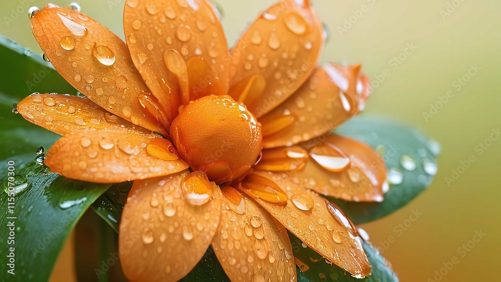 water drops on a large orange flower that is growing on a green leaf with many leaves water drops on a large orange flower that is growing on a green leaf with many leaves
