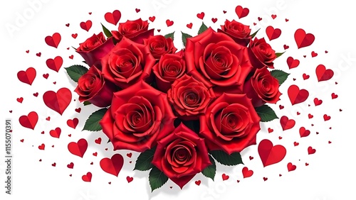 Bouquet of red roses in the shape of a heart on a white background 