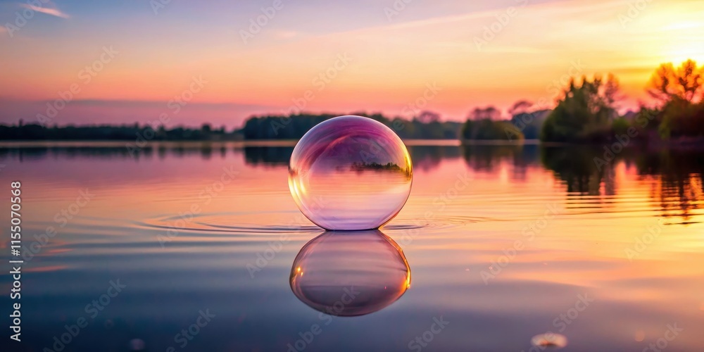 Soapy pink bubble floats gently on calm water surface of isolated lake at dawn, lake, solitary, lake, solitary, isolation Soapy pink bubble floats gently on calm water surface of isolated lake at dawn, lake, solitary, lake, solitary, isolation