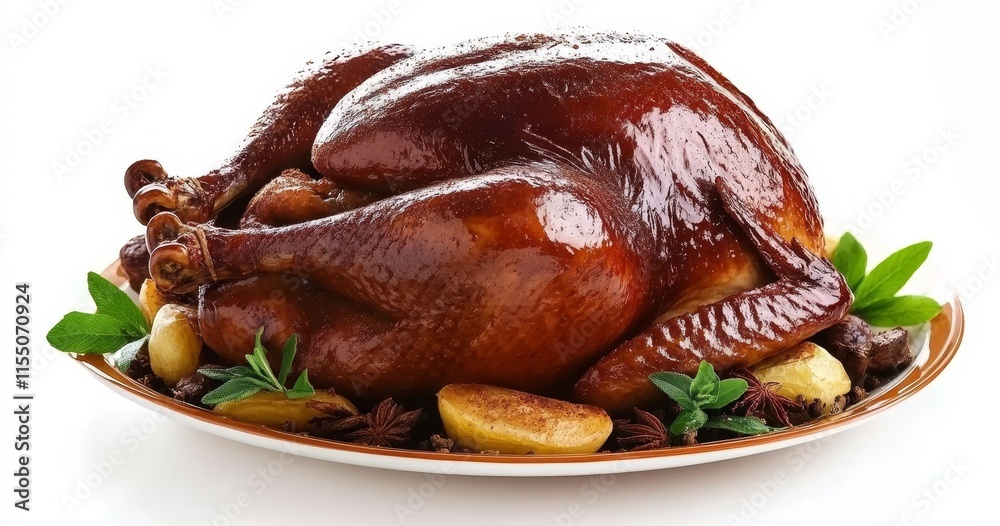 Roasted turkey with apples and herbs on a plate. Roasted turkey with apples and herbs on a plate.
