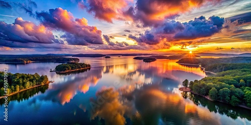 Fototapeta Naklejka Na Ścianę i Meble -  Cloudy Sunrise Lake Sidney Lanier Aerial Photography - Stunning Dawn Landscape