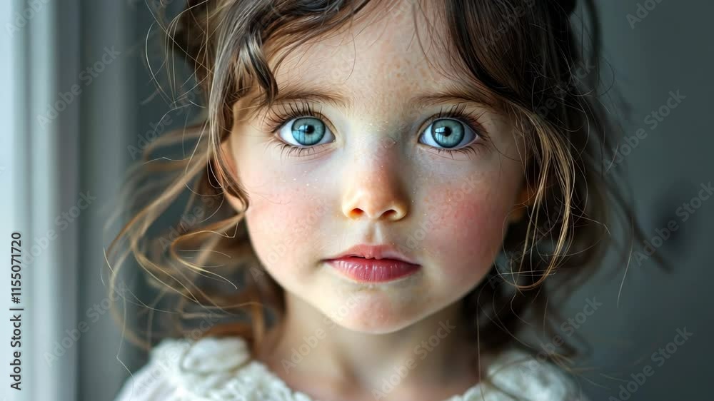 Enchanting portrait of a young girl with captivating blue eyes and curly hair indoors in natural light