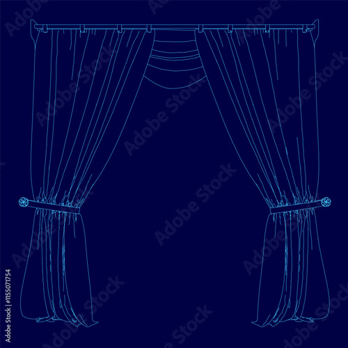 Blue curtain with a white trim is drawn on a blue background. The curtain is drawn open, revealing a window. Scene is calm and peaceful, as the curtain is drawn open to let in natural light