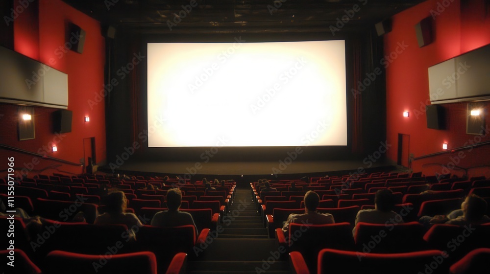 Fototapeta premium People in the cinema auditorium with Cinema blank wide screen and red chairs in the cinema hall,People silhouettes watching movie performance,empty white screen,space for text.