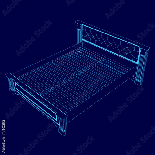Bed with a blue headboard and a blue footboard. The bed is a modern design with clean lines and a minimalist look. The blue headboard adds a touch of elegance to the bed