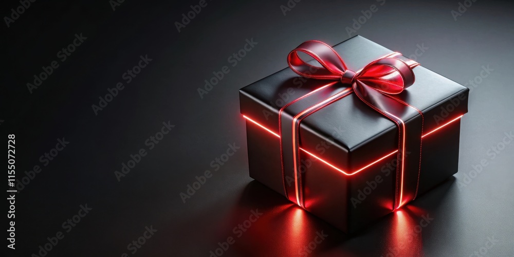 Fototapeta premium Black gift box with red neon glowing ribbon on black background , gift, box, ribbon, black, red, neon, glow