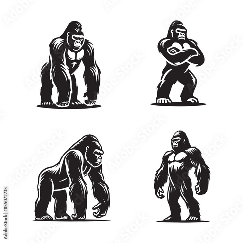 4  Silhouettes of Gorillas Standing with Majestic Presence Isolated on White Background Showing Strength and Poise