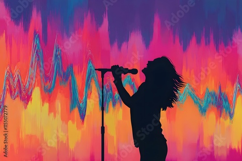 A woman singing into a microphone with a colorful background