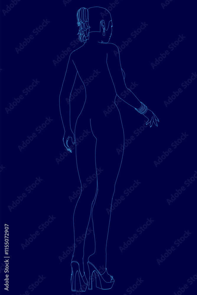 Woman is standing in a blue background with her arms crossed. She is wearing high heels