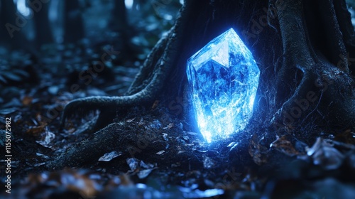 Ethereal Glowing Crystal Emerges from Ancient Forest Landscape photo