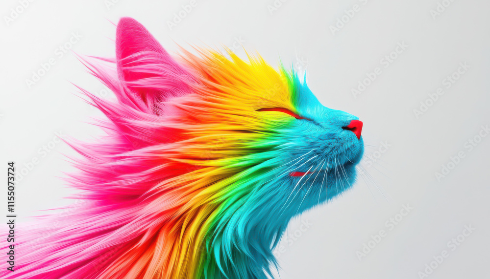 Obraz premium A vibrant, colorful cat with rainbow fur and joyful expression.