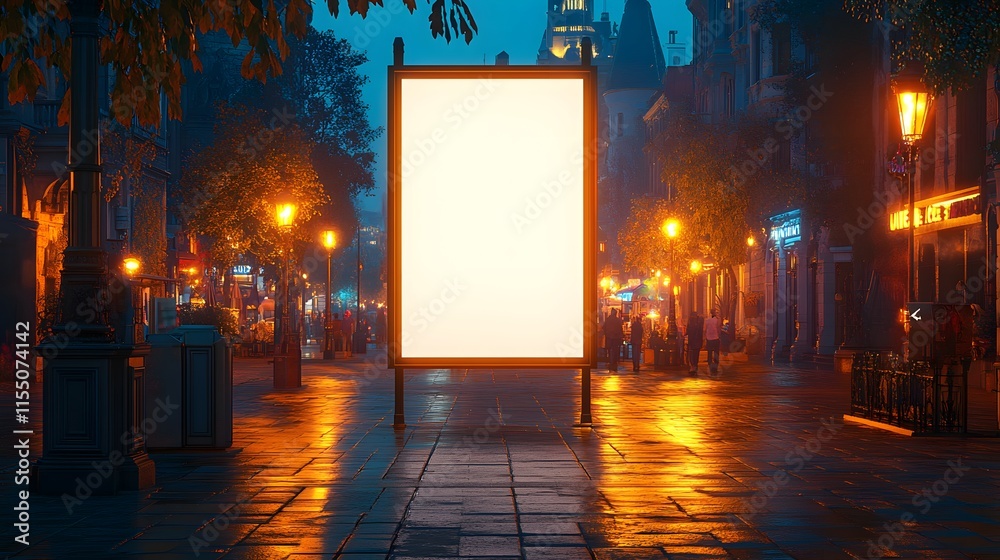 Trade Show Banner Mockup in a vibrant city scene, showcasing a blank canvas surrounded by warm, glowing streetlights. Trade Show Banner Mockup in a vibrant city scene, showcasing a blank canvas surrounded by warm, glowing streetlights.
