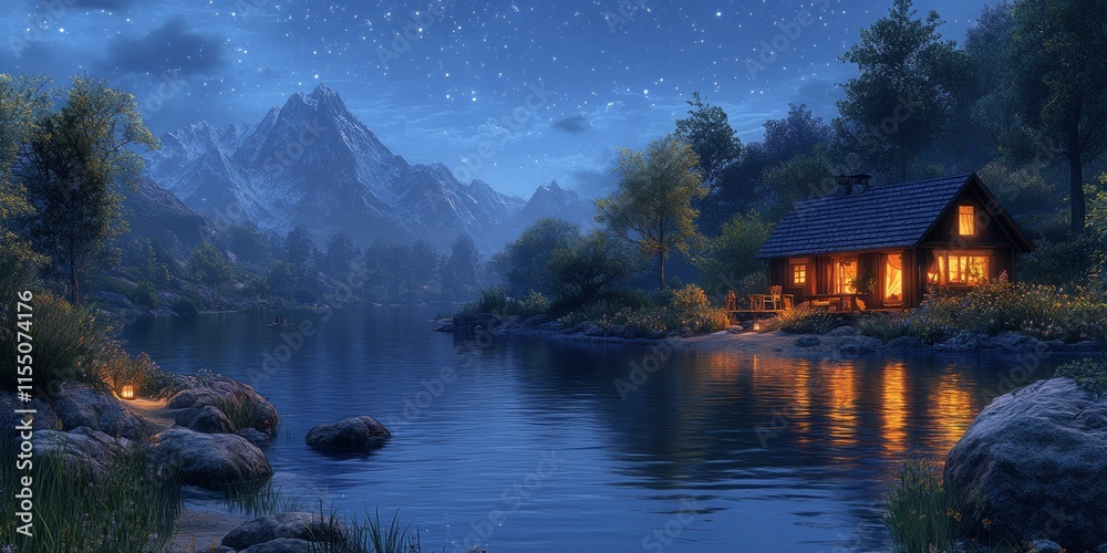 Fototapeta premium Soft light glows from a rustic cabin by the lakeshore, surrounded by majestic mountains and starry night skies