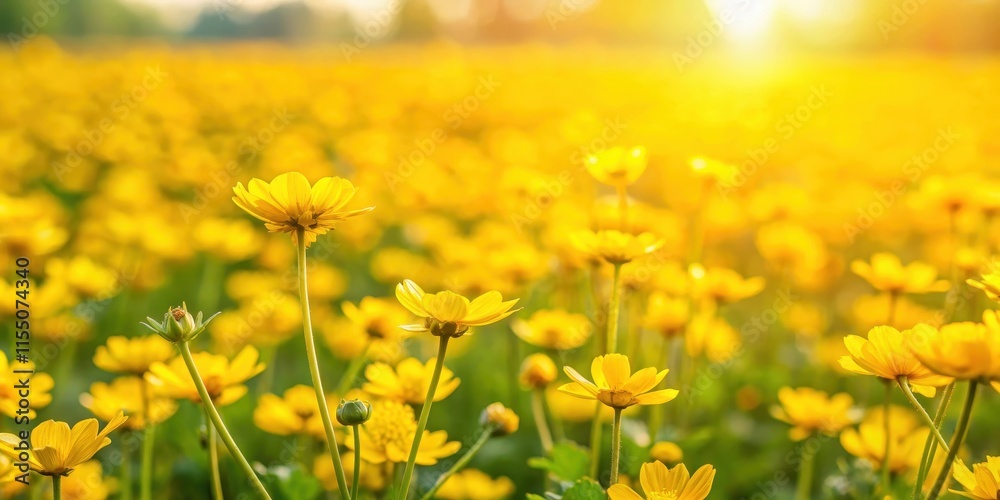 Fototapeta premium Field of yellow flowers with green leaves, nature, outdoors, floral, background, vibrant, sunny, meadow, summer, blooming, bright