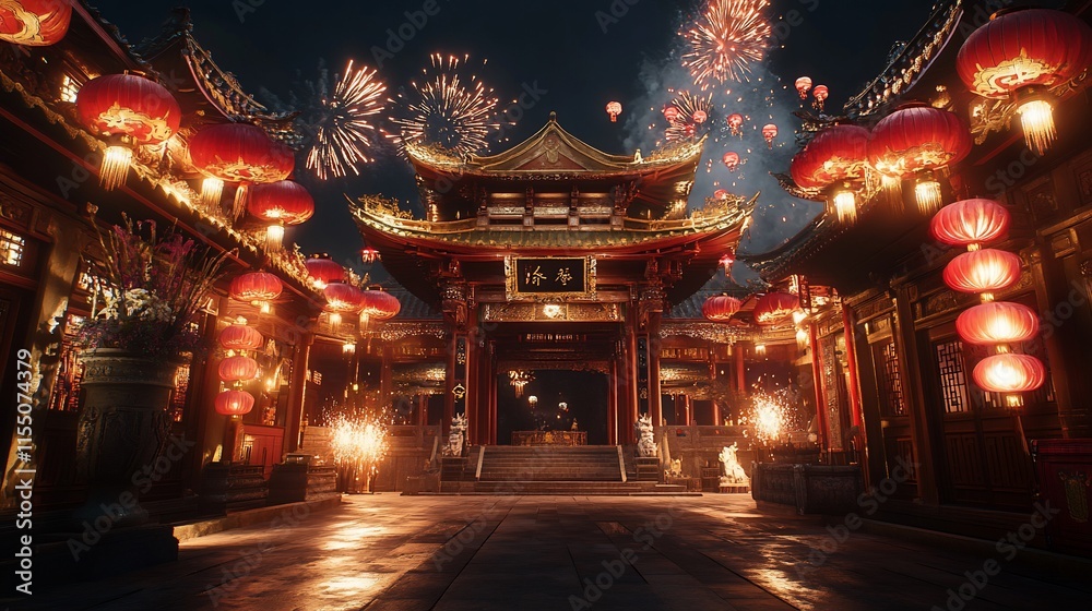 A grand, ornate Chinese gate, festive with red lanterns, fireworks, and a grand night market celebration. A grand, ornate Chinese gate, festive with red lanterns, fireworks, and a grand night market celebration.