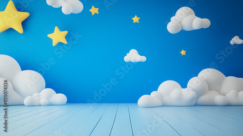 Wallpaper Mural Children's wallpaper featuring a "good night, sweet dreams" concept art. It depicts a paper town, Playful pastel scene with clouds and stars in a whimsical setting. Empty copy space for kids products Torontodigital.ca