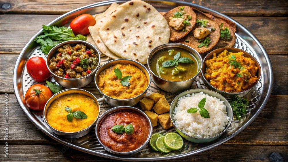 Traditional Indian thali platter featuring a variety of colorful dishes like curry, rice, dal, vegetables, roti, and pickles, Indian Traditional Indian thali platter featuring a variety of colorful dishes like curry, rice, dal, vegetables, roti, and pickles, Indian