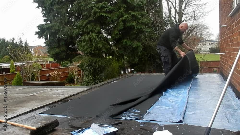 Man adjusting and spread over the insulating material after taping the surface, United Kingdom, England. Man adjusting and spread over the insulating material after taping the surface, United Kingdom, England.