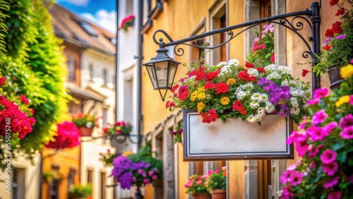 Blank signboard attached to a European building with colorful flowers , Europe, architecture, blank, signboard, building