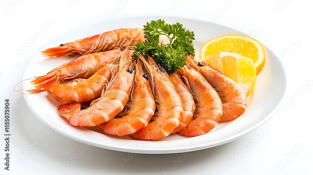 Plate with tasty shrimps and salad on white background, closeup Plate with tasty shrimps and salad on white background, closeup