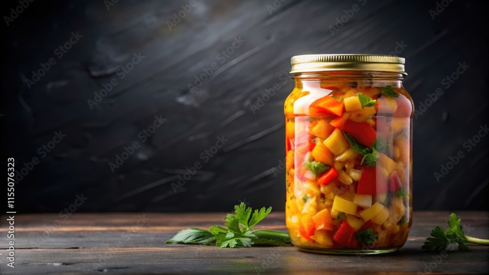 Glass jar with canned fresh chopped vegetables, lecho on black background, canned food, homemade, natural, red sauce Glass jar with canned fresh chopped vegetables, lecho on black background, canned food, homemade, natural, red sauce