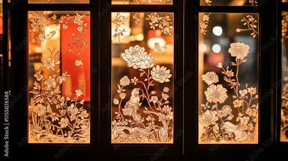 Fototapeta premium Decorative window display with intricate floral and fish designs illuminated from within.