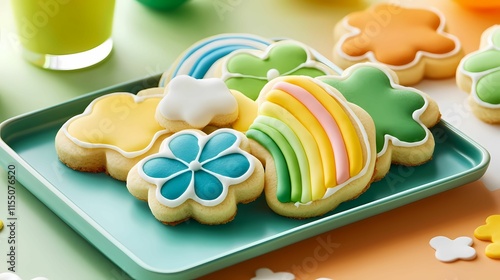 Colorful, decorated cookies shaped like flowers and rainbows, displayed on a plate, perfect for festive occasions and celebrations. photo