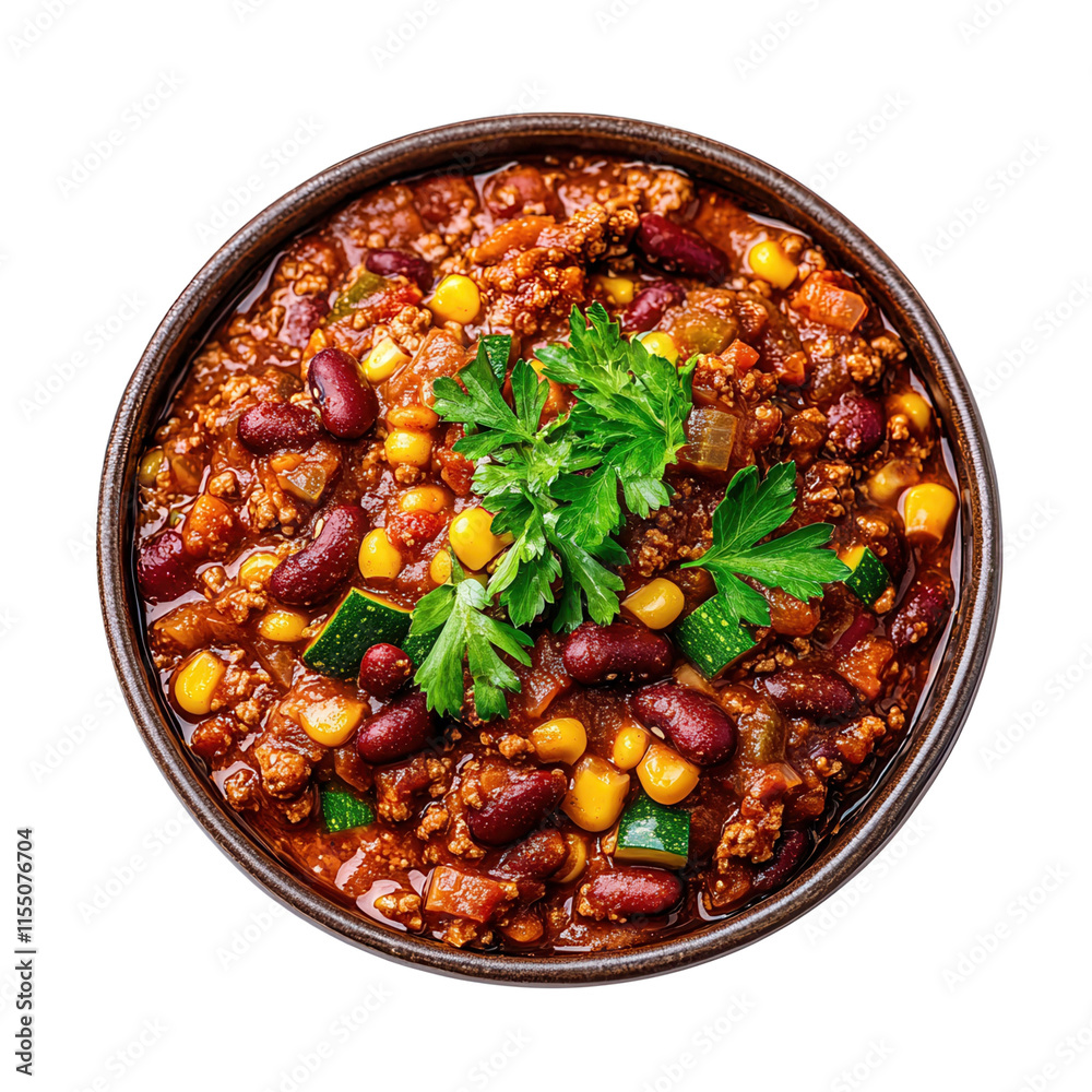 Vibrant vegetarian chili bowl kitchen table food cozy atmosphere close-up colorful beans transparent background Vibrant vegetarian chili bowl kitchen table food cozy atmosphere close-up colorful beans transparent background