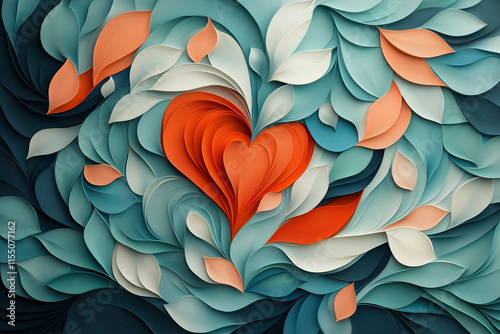 A heart shape composed of layered paper cutouts, with an abstract background in shades of teal and orange