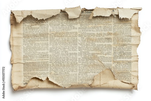 Old, torn newspaper page with illegible text and frayed edges isolated on white. photo