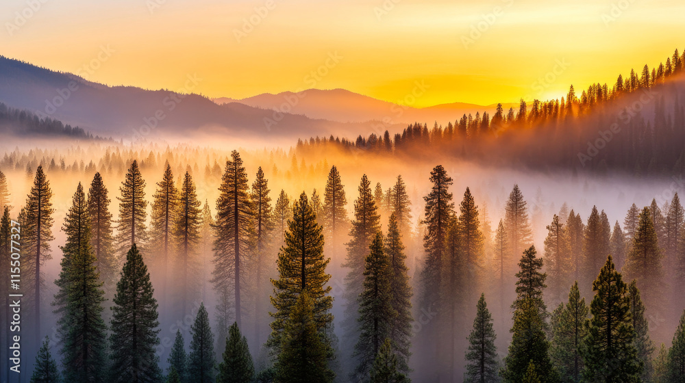 Radiant sunset light bathes misty pine forest, creating serene atmosphere. golden hues illuminate trees, enhancing tranquil beauty of nature Radiant sunset light bathes misty pine forest, creating serene atmosphere. golden hues illuminate trees, enhancing tranquil beauty of nature
