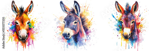 cute baby donkey head Close-up image in watercolor style on white background
