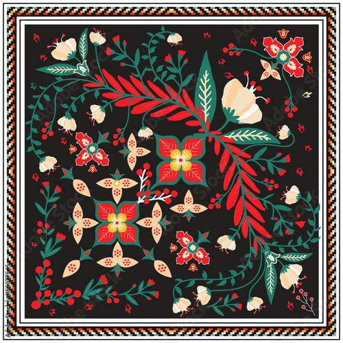 Vibrant floral pattern with red and yellow flowers on a black background, framed by a geometric border, A beautifully designed square scarf adorned with colorful floral patterns, showcasing its artist