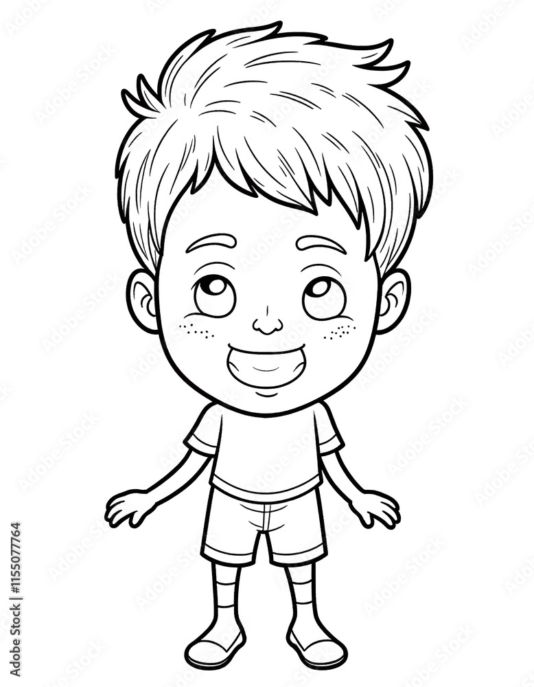 A young boy with a smile on his face. He is wearing a white shirt and shorts. The boy is looking up at the camera A young boy with a smile on his face. He is wearing a white shirt and shorts. The boy is looking up at the camera