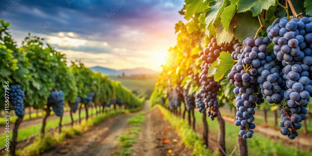 Naklejka premium Vineyard with rows of ripe grapes ready for harvest, grapes, vineyard, winemaking, agriculture, farming, harvest, ripe