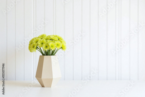 Still life table vase chrysanthemums hexagonal shape beige photo