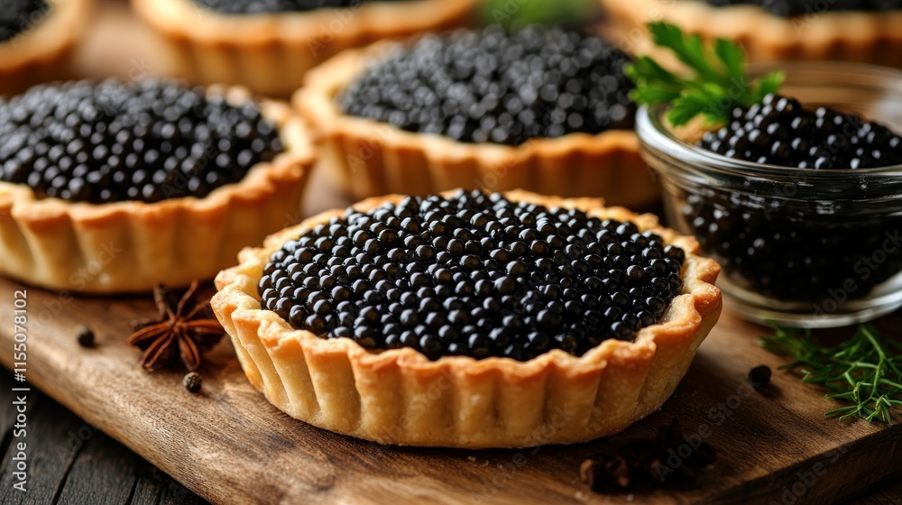Gourmet caviar tarts on a wooden board. Gourmet caviar tarts on a wooden board.