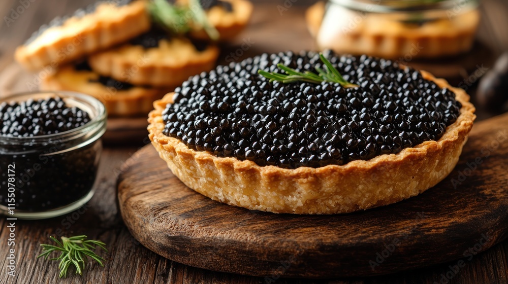 Gourmet caviar tartlets on rustic wooden board. Gourmet caviar tartlets on rustic wooden board.