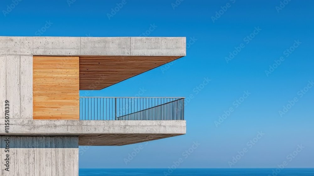 Fototapeta premium Minimalist Coastal Residential Architectural Building with Wooden Balcony and Concrete Exterior