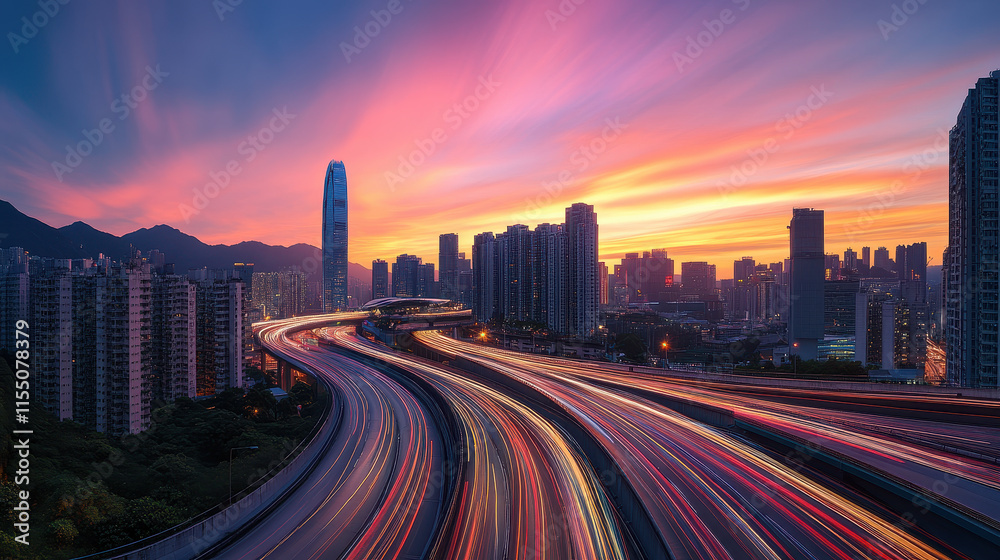 Fototapeta premium A city skyline at dusk, with light trails from cars moving on the highway in front of it,