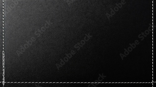 A close-up of smooth black leather with white stitching forming a border. background texture wallpaper