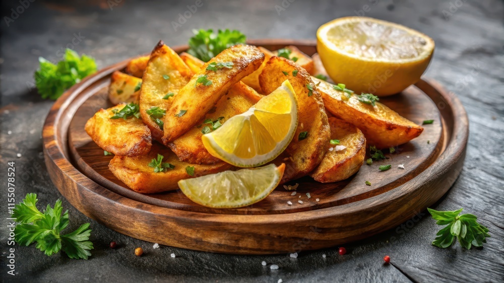 Crunchy golden potato wedges on a wooden plate, garnished with fresh herbs and lemon wedges, sitting on a rustic stone table, restaurant food, delicious snack Crunchy golden potato wedges on a wooden plate, garnished with fresh herbs and lemon wedges, sitting on a rustic stone table, restaurant food, delicious snack
