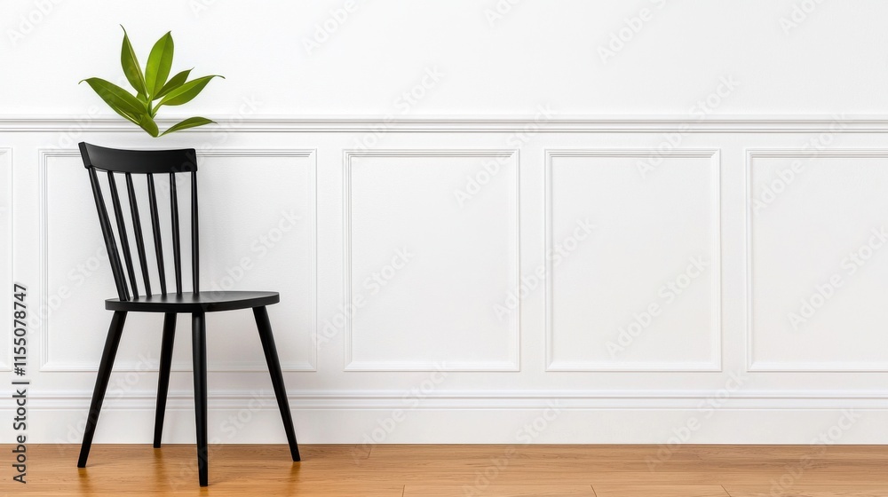 Fototapeta premium Minimal Wooden Chair with Green Potted Plant in Modern White Room Interior