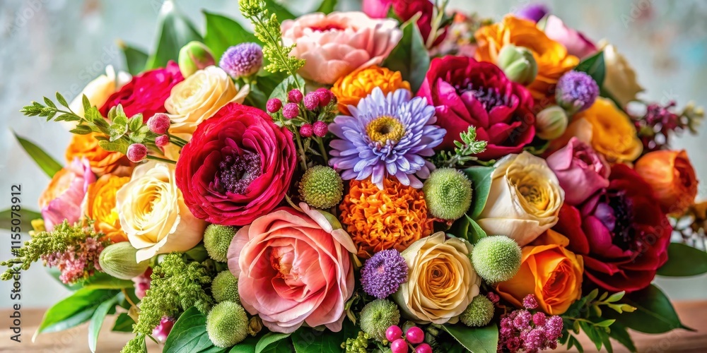 Vibrant mix of colorful blooms arranged in a lush bouquet with delicate greenery and velvety texture , bouquet, colorful flowers Vibrant mix of colorful blooms arranged in a lush bouquet with delicate greenery and velvety texture , bouquet, colorful flowers