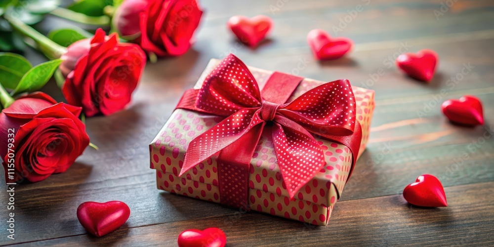 Colorful red bow tied around a Valentine's Day gift box with hearts and flowers on it , decoration ideas, red bows