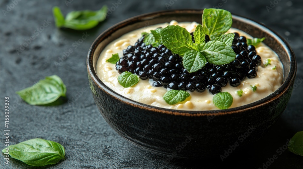 Gourmet Creamy Dish with Caviar and Herbs. Gourmet Creamy Dish with Caviar and Herbs.