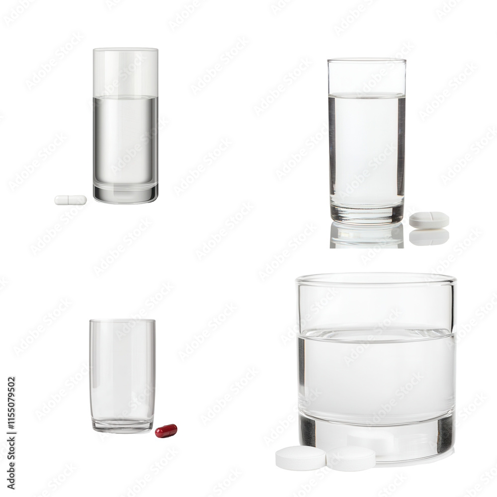 Clear glasses of water with pills transparent background studio shot minimalist design Clear glasses of water with pills transparent background studio shot minimalist design